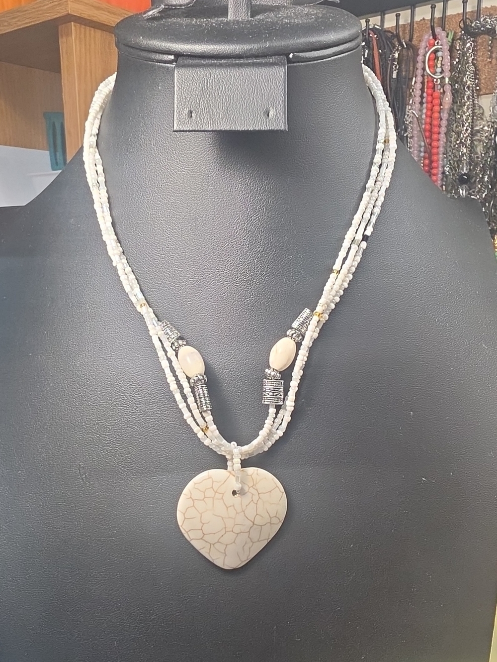Cream Snakeskin Agate Double-Strand Heart Pendant Necklace - Women Jewelry